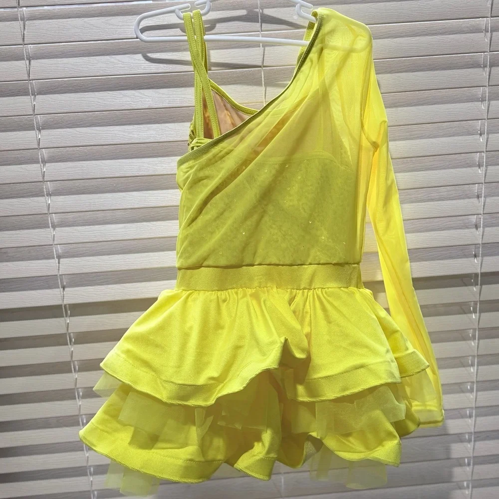 Weissman Yellow Ruffle Dance Dress with Asymmetric Sleeve